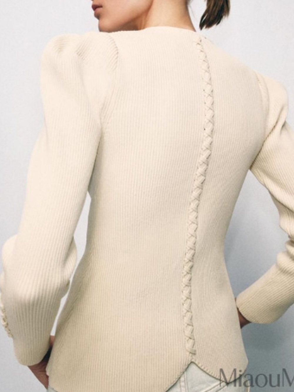 Zara Cream Ribbed Knit Sweater with Braided Back Detail